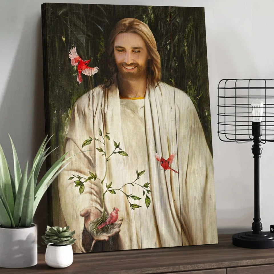 Jesus Smile Growing Plant Red Cardinals Canvas Wall Art – Christian Wall Posters – Religious Wall Decor