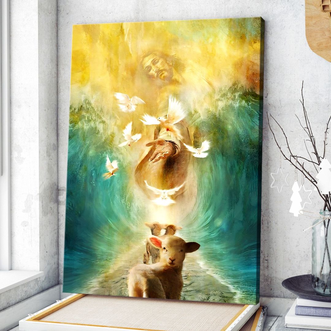 Jesus The Lamp And The Dove Walking Through The Water With The Waves Canvas Wall Art – Christian Wall Posters – Religious Wall Decor