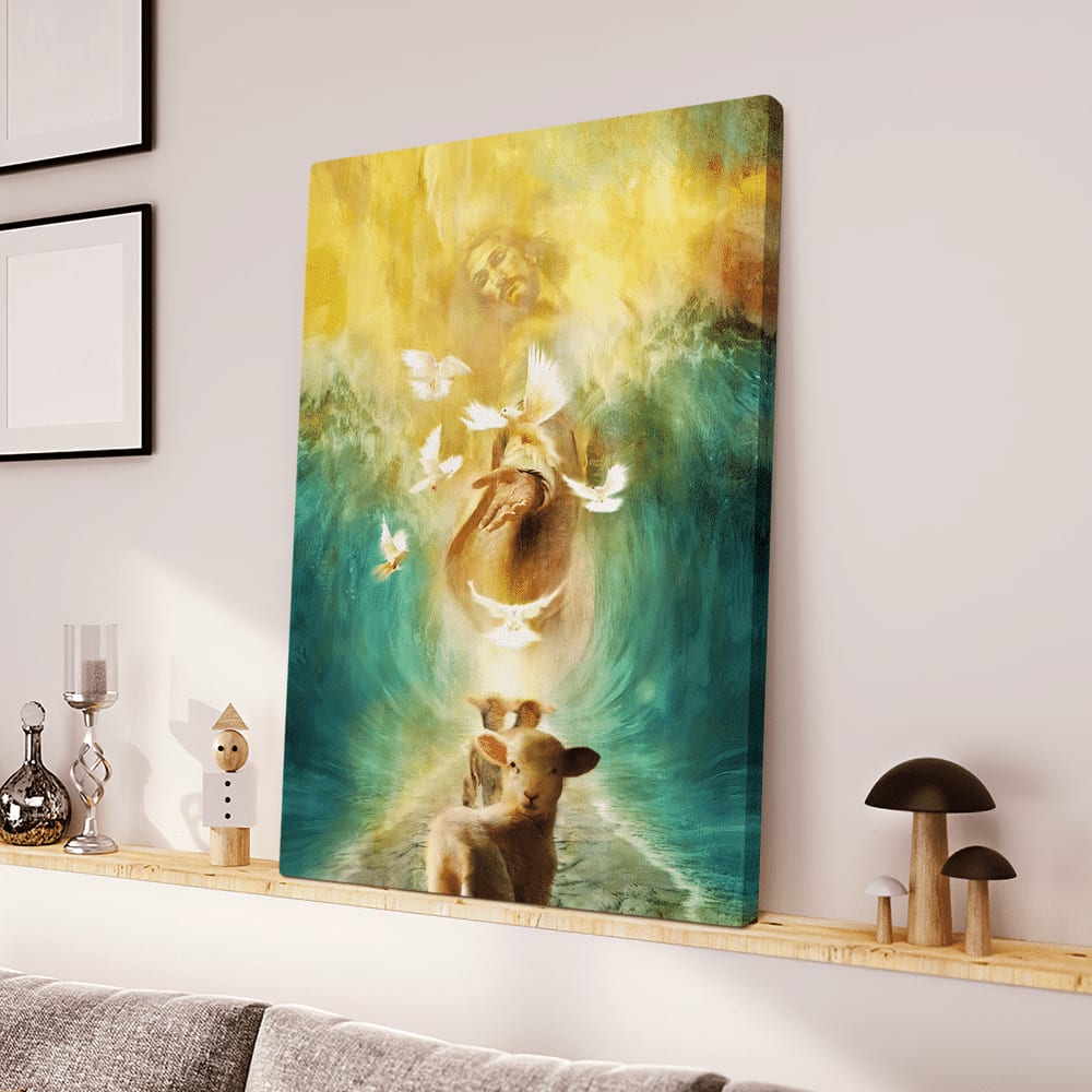 Jesus The Lamp And The Dove Walking Through The Water With The Waves Canvas Wall Art – Christian Wall Posters – Religious Wall Decor