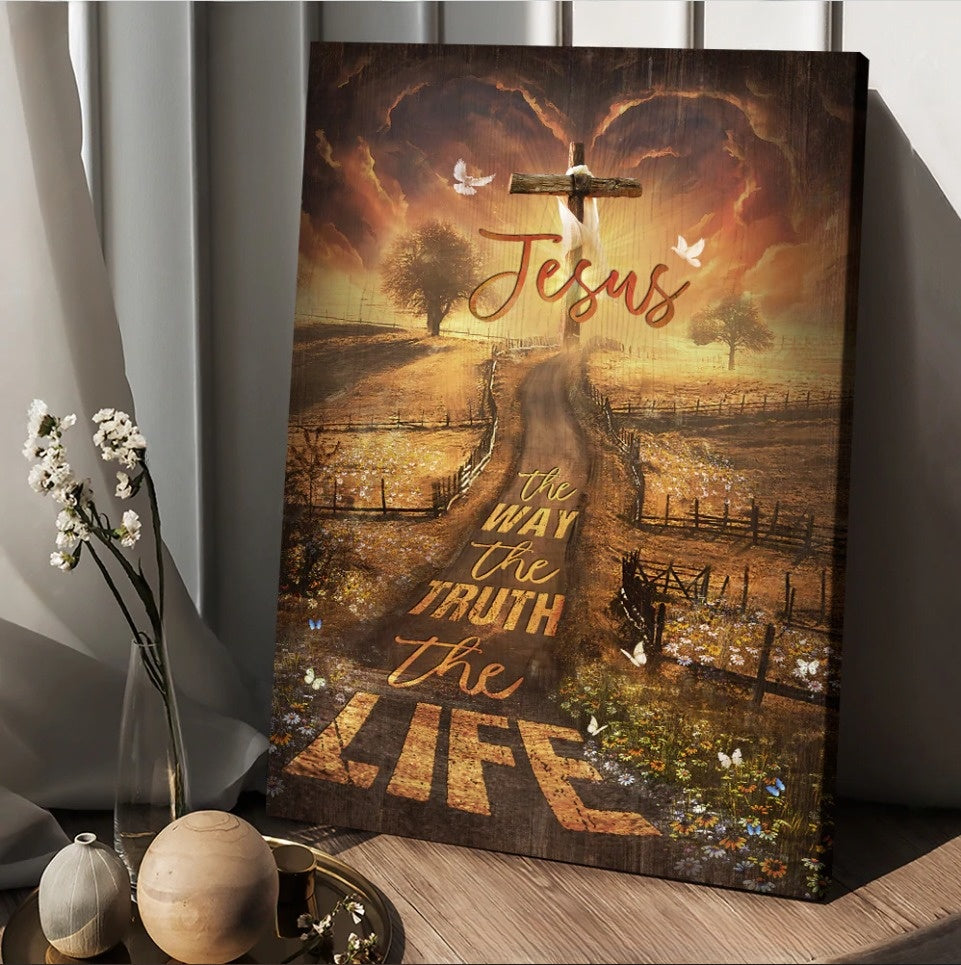 Jesus The Way The Truth The Life Canvas – Amazing Farm Pretty Sunset Daisy Field Canvas Wall Art – Christian Wall Posters – Religious Wall Decor