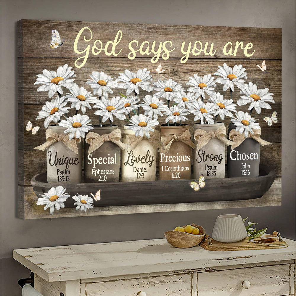 Jesus Vintage Daisy Vase God Says You Are Canvas Wall Art – Jesus Canvas Pictures – Christian Wall Posters