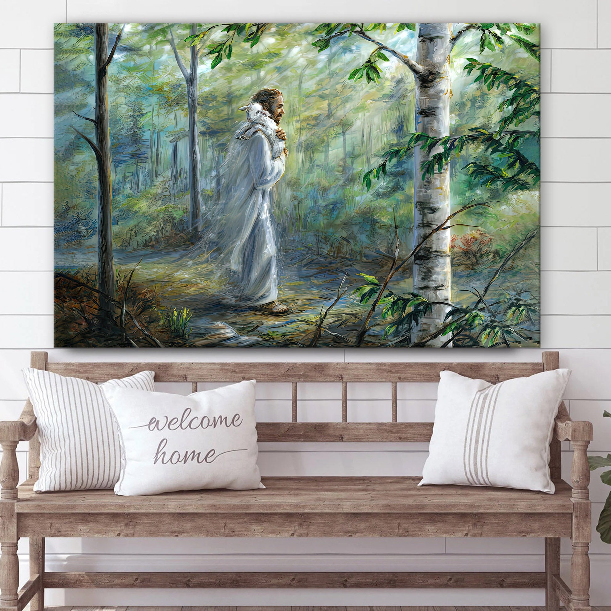 Jesus Walking In Forest With Lamb Over Shoulder Canvas Posters – Jesus Canvas Pictures – Christian Canvas Art