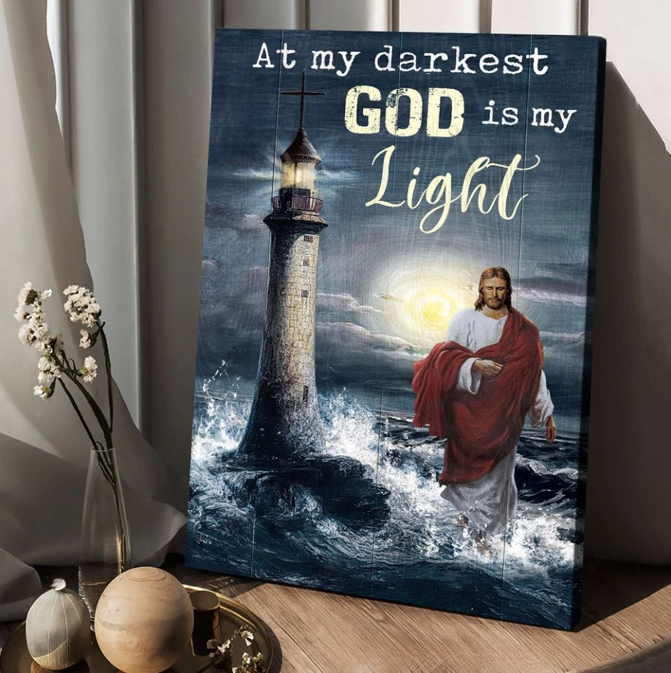 Jesus Walking On Water Lighthouse At My Darkest God Is My Light Canvas Wall Art – Christian Wall Posters – Religious Wall Decor