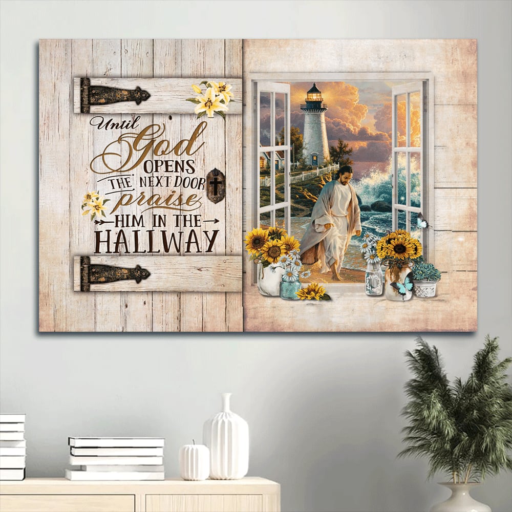 Jesus Walking On Water Sunflower Until God Opens The Door Canvas Wall Art – Christian Wall Decor