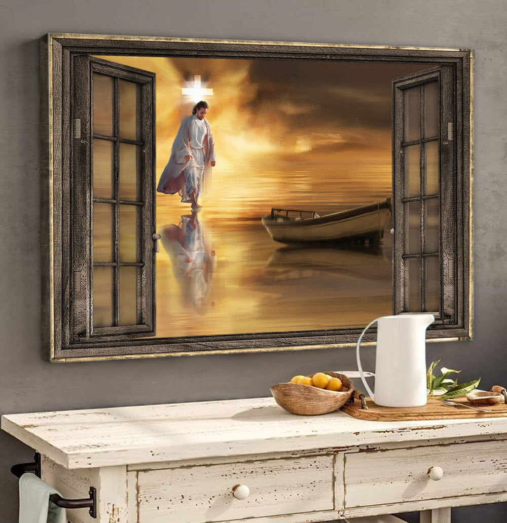 Jesus Walks On Water Wooden Window Halo Infinite Canvas Wall Art – Jesus Canvas Pictures – Christian Wall Posters