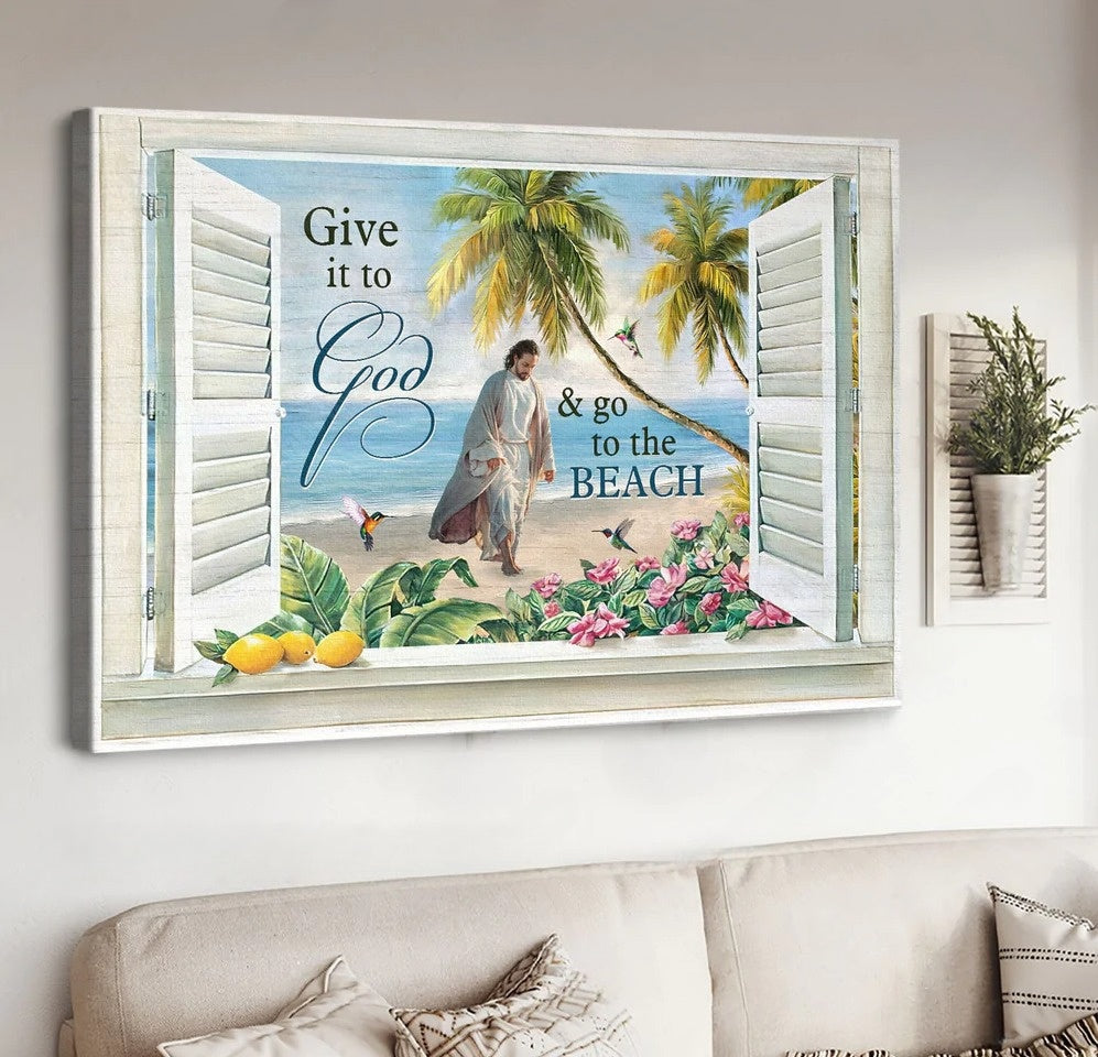 Jesus Walks Sand Beach Palm Trees Give It To God And Go To The Beach Canvas Wall Art – Jesus Canvas Pictures – Christian Wall Posters