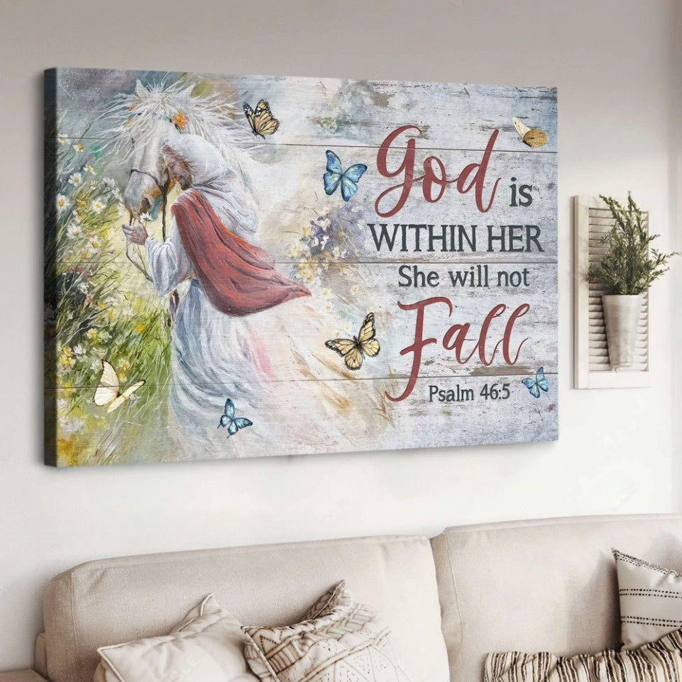 Jesus White Horse God Is Within Her Canvas Wall Art – Jesus Canvas Pictures – Christian Wall Posters