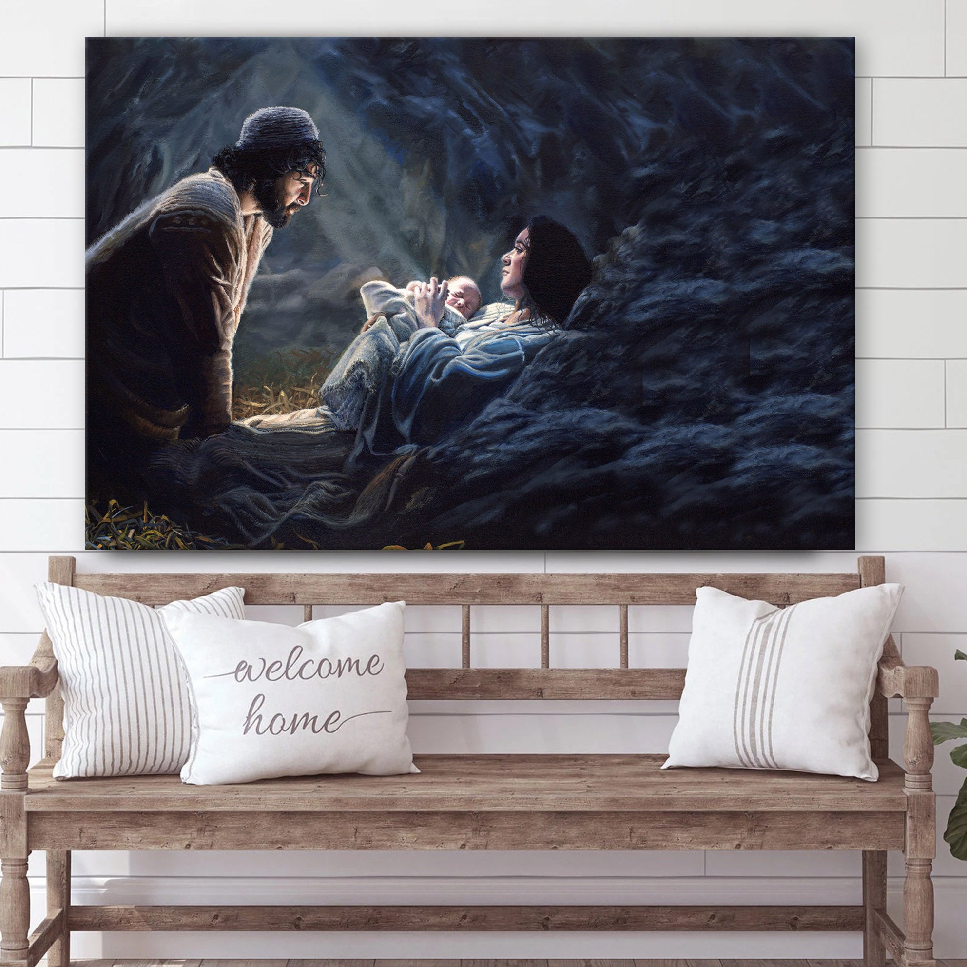 Joseph Kneeling At The Feet Of Mary And Newborn Baby Jesus Canvas Art – Jesus Christ Pictures – Jesus Wall Art – Christian Wall Decor