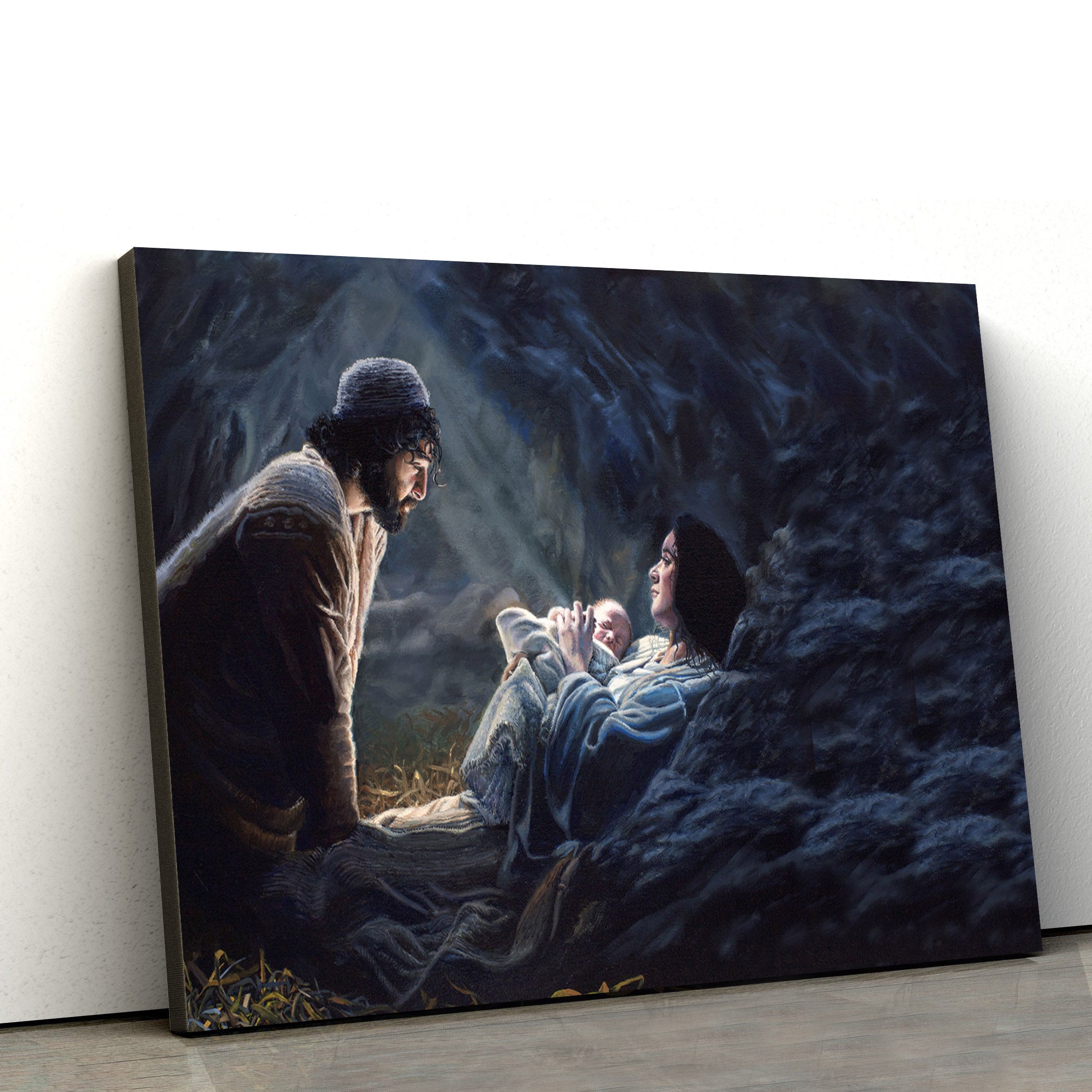 Joseph Kneeling At The Feet Of Mary And Newborn Baby Jesus Canvas Art – Jesus Christ Pictures – Jesus Wall Art – Christian Wall Decor