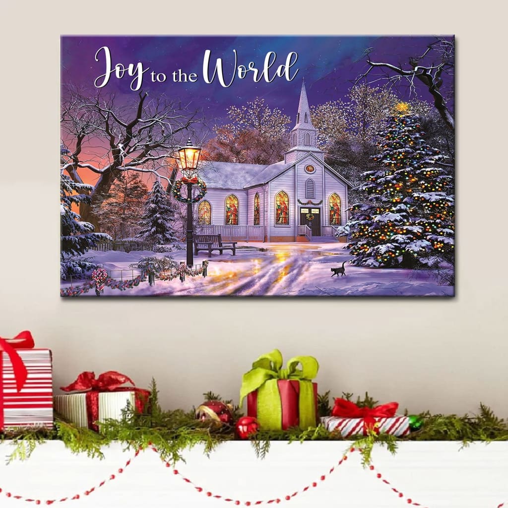 Joy To The World, Country Church In Snow, Christmas Wall Art Canvas – Religious Wall Decor