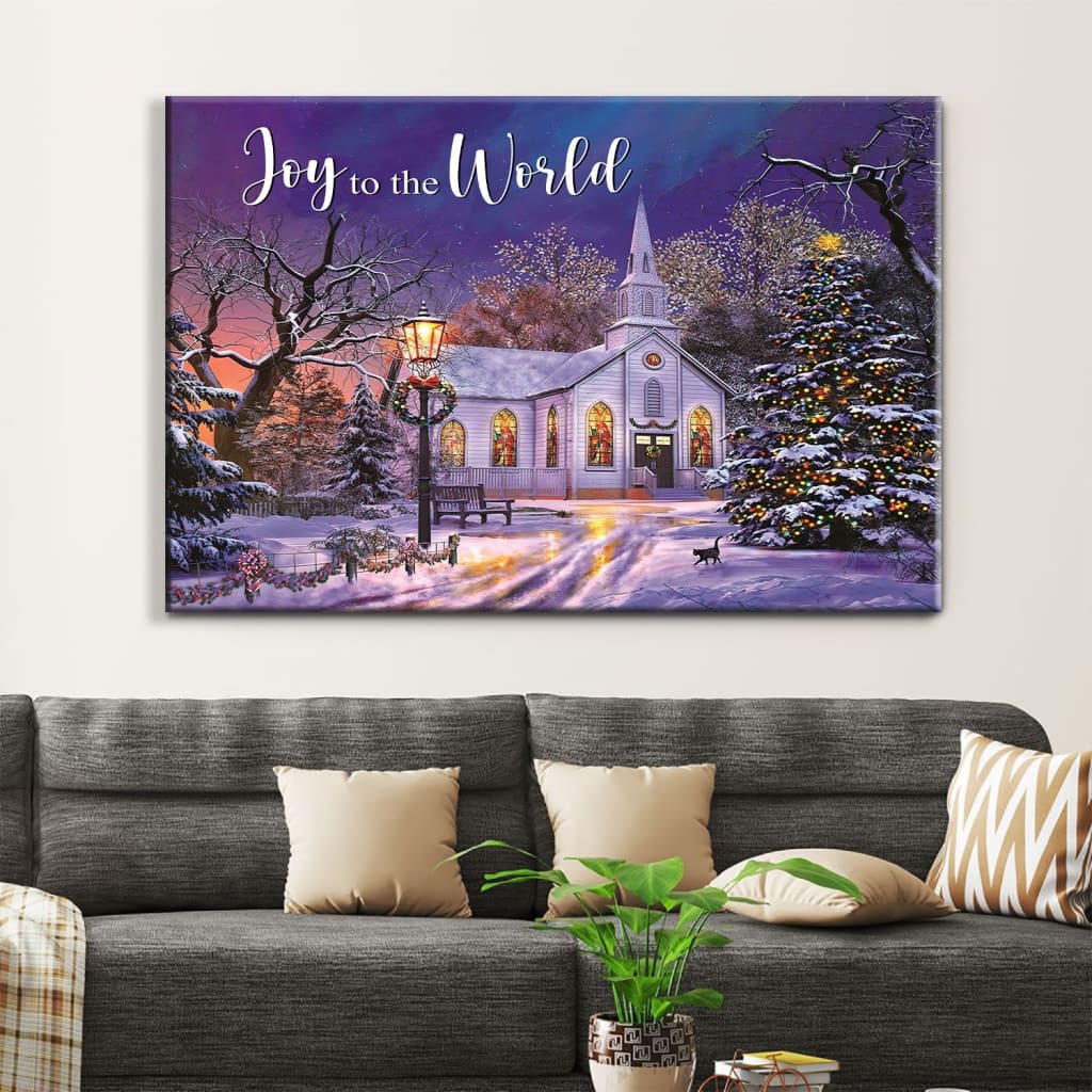 Joy To The World, Country Church In Snow, Christmas Wall Art Canvas – Religious Wall Decor