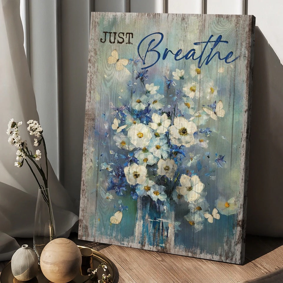 Just Breathe Canvas – Baby Flower Butterfly Canvas Wall Art – Christian Wall Posters – Religious Wall Decor