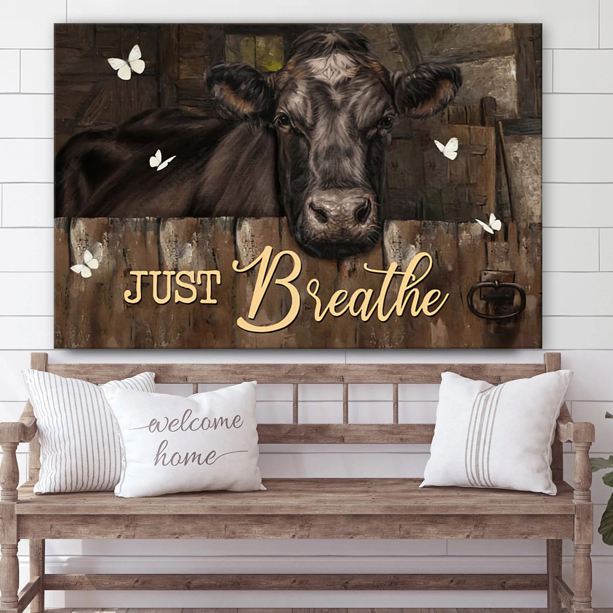 Just Breathe Cow Canvas Wall Art – Christian Canvas Wall Decor – Bible Verse Wall Art Canvas – Farmer Gift