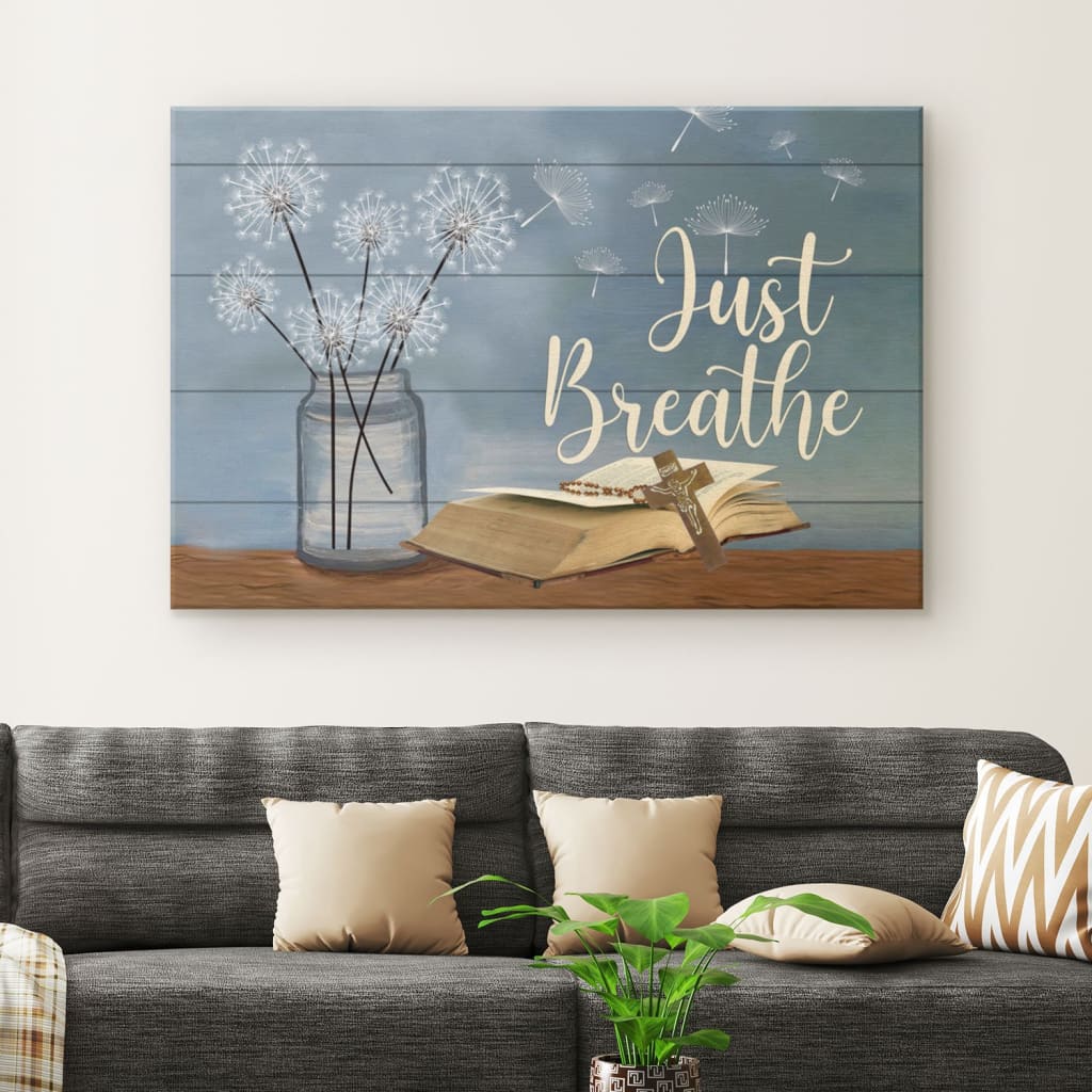 Just Breathe Flower In Vase Cross On Bible Canvas Wall Art – Christian Canvas – Faith Canvas