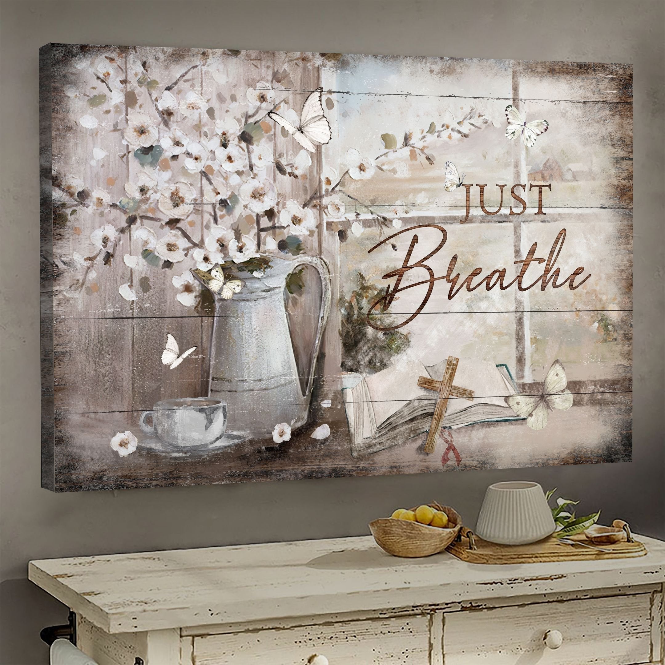 Just Breathe Vintage Bible Cross Canvas Wall Art – Christian Poster – Religious Wall Decor