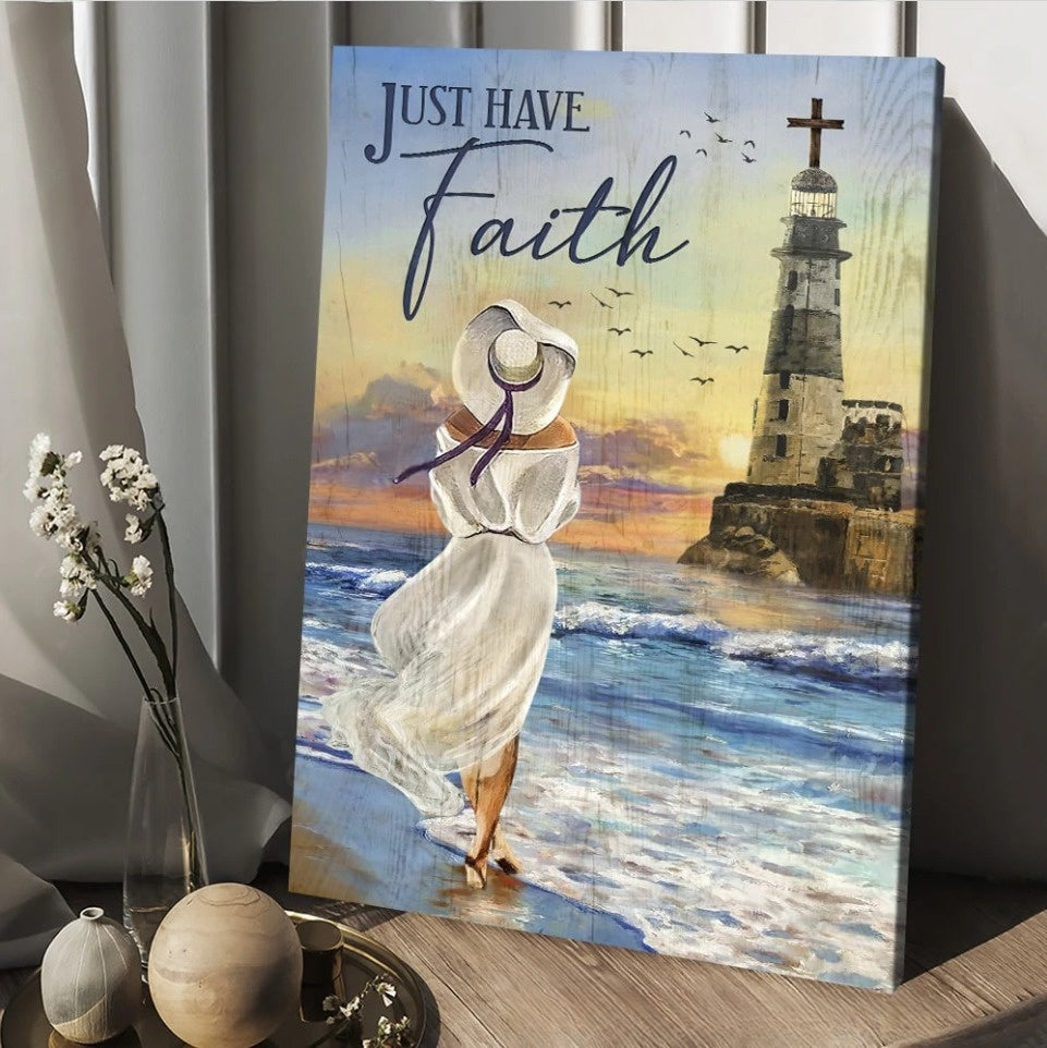 Just Have Faith Canvas – Beautiful Girl Lighthouse Jesus Painting Canvas Wall Art – Christian Wall Posters – Religious Wall Decor