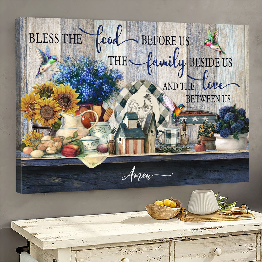 Kitchen Painting Blue Flower Jesus Bless The Food Before Us Canvas Wall Art – Jesus Canvas Pictures – Christian Wall Posters