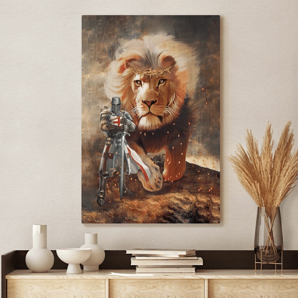 Knight Templar And Lion Canvas Wall Art – Christian Wall Posters – Religious Wall Decor