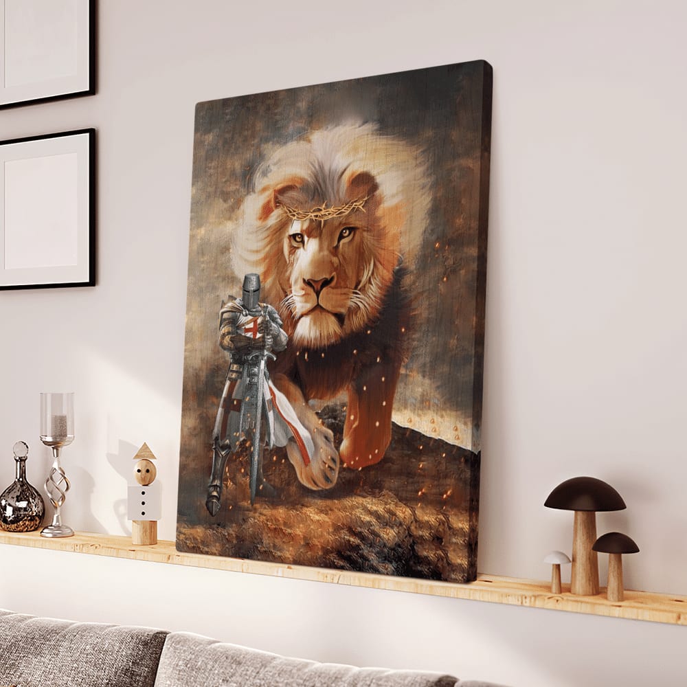 Knight Templar And Lion Canvas Wall Art – Christian Wall Posters – Religious Wall Decor