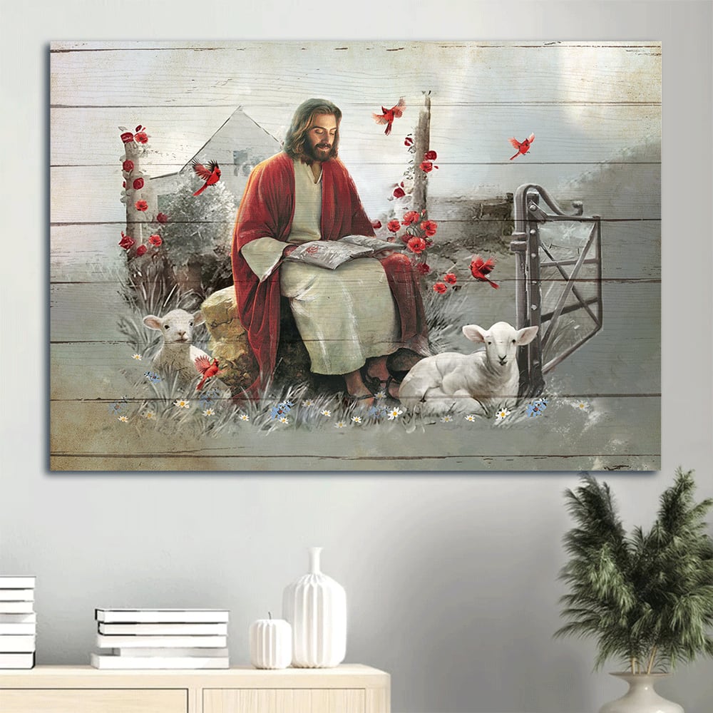 Lamb Of God Red Cardinal Rustic Garden God Canvas Wall Art – Christian Wall Decor