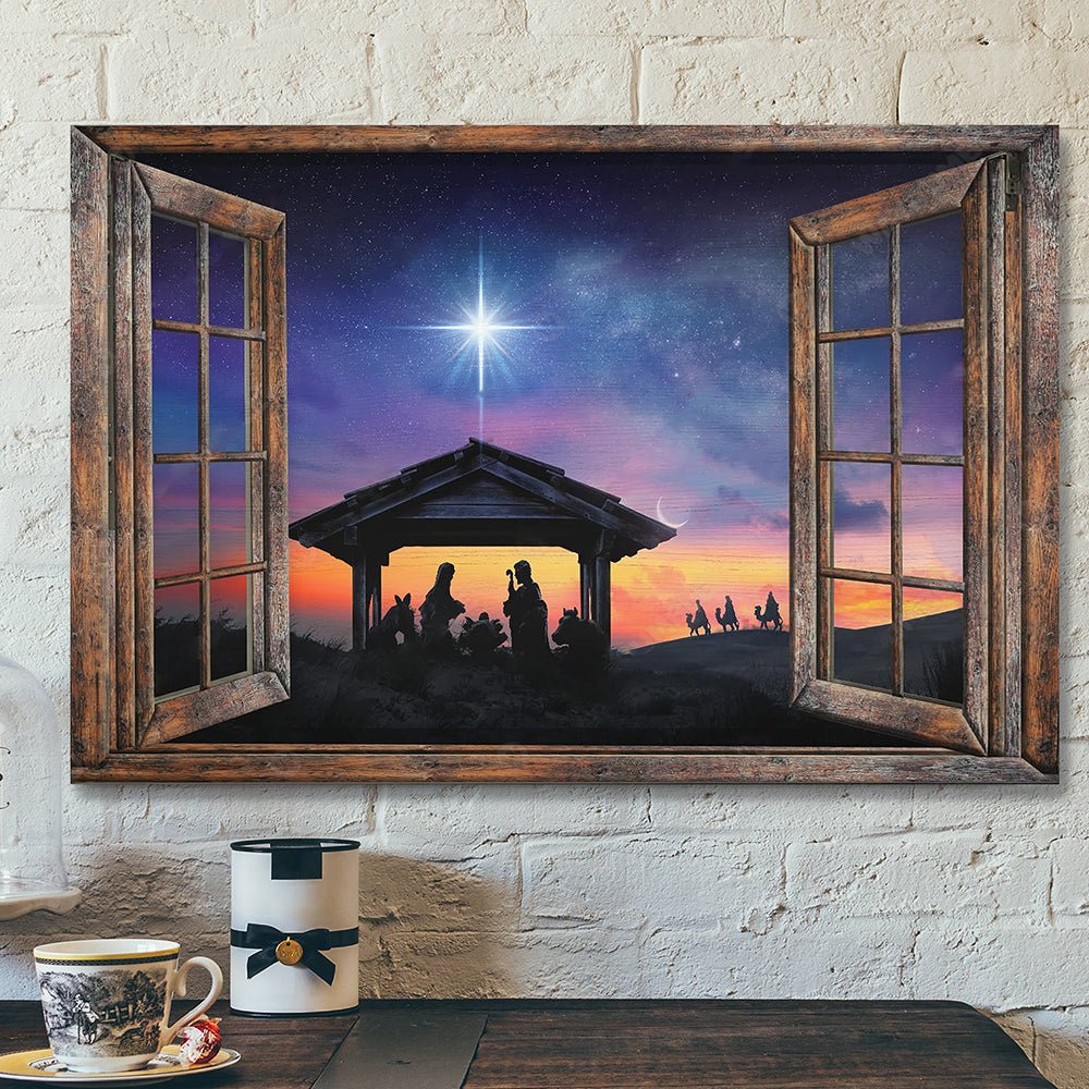 Landscape Jesus Canvas Prints – Bible Verse Canvas – God Wall Art – Wooden Window Beautiful Halo Night – Jesus Christ Poster