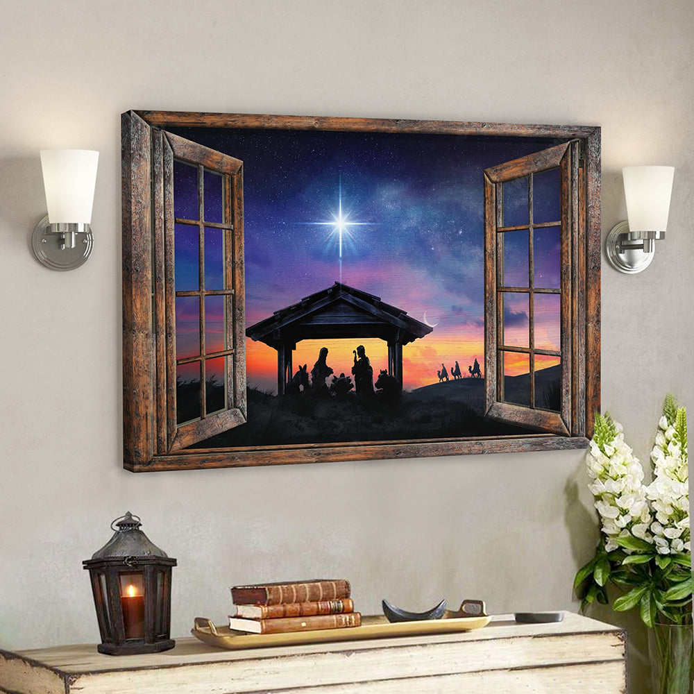 Landscape Jesus Canvas Prints – Bible Verse Canvas – God Wall Art – Wooden Window Beautiful Halo Night – Jesus Christ Poster