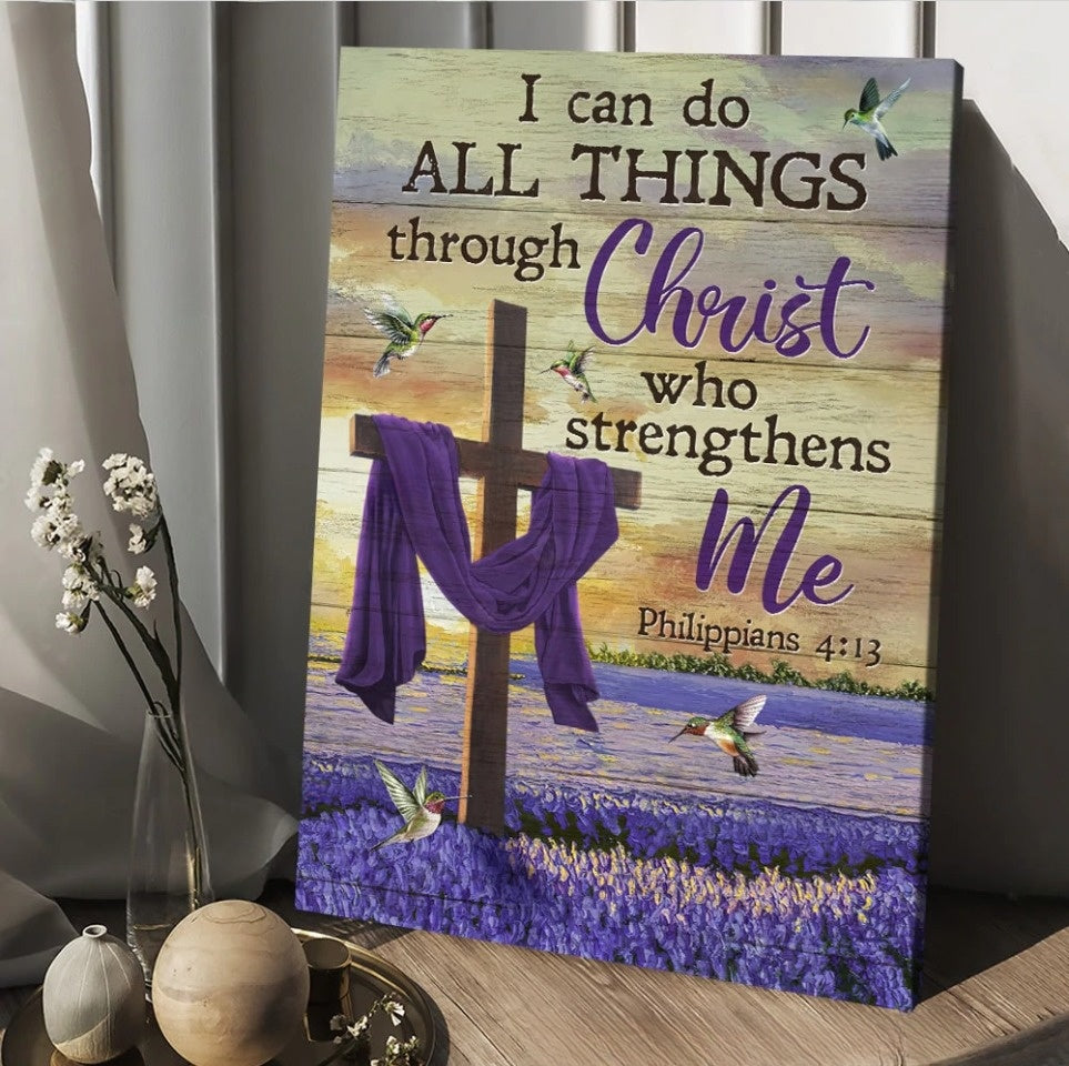 Lavender Field Hummingbird I Can Do All Things Through Christ Canvas Wall Art – Christian Wall Posters – Religious Wall Decor