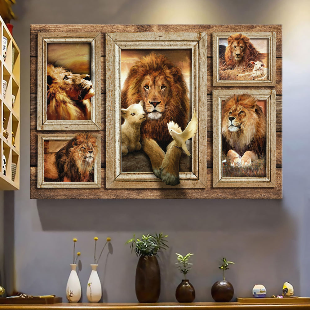 Lion And Lamb In Picture Frames Canvas Wall Art – Christian Poster – Religious Wall Decor