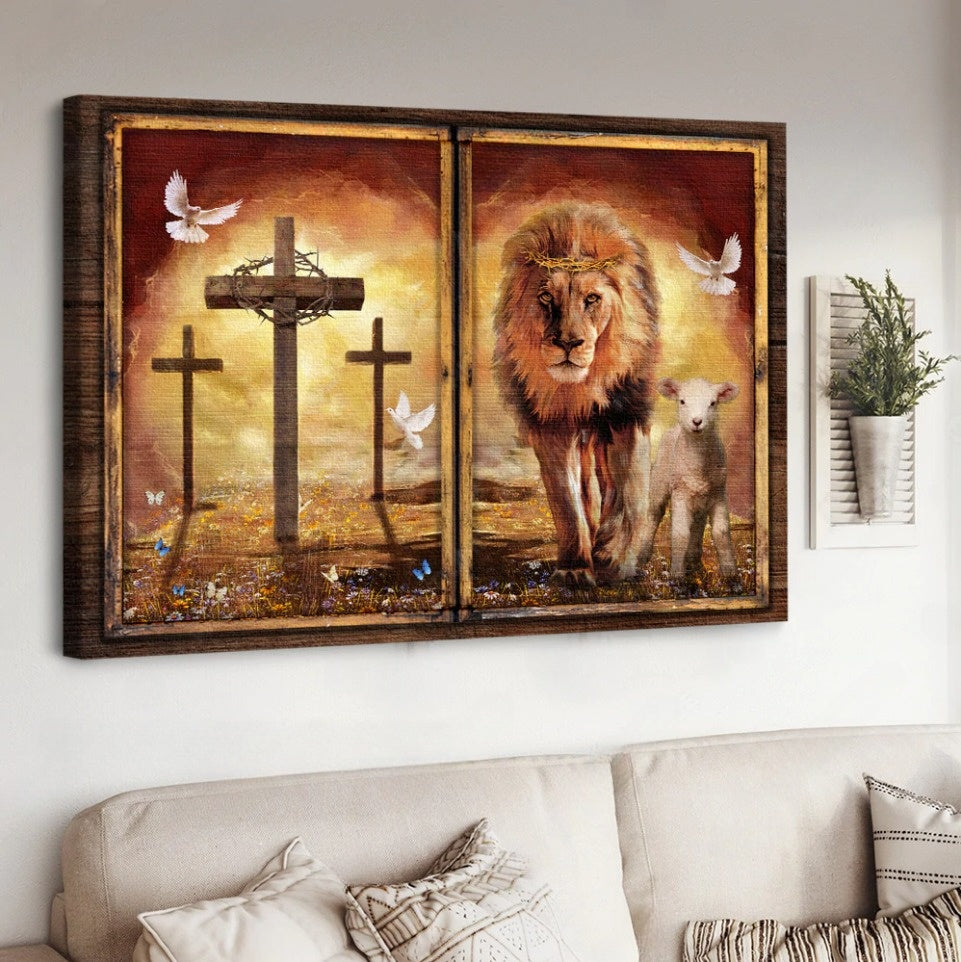 Lion And Lamb Orange Sunset Cross Canvas Wall Art – Christian Poster – Religious Wall Decor