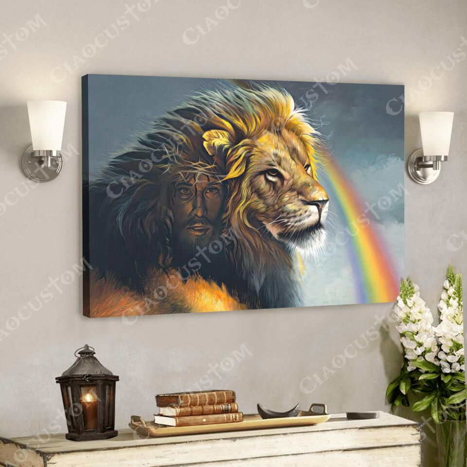 Lion And Rainbow -Christian Canvas – Christian Wall Decor – Christian Artwork – Faith Canvas Wall Art – Scripture Wall Art