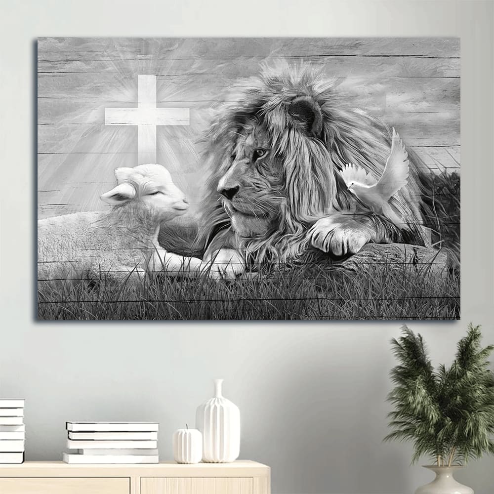 Lion Black And White Lion And Lamb Framed Canvas Wall Art – Christian Wall Decor