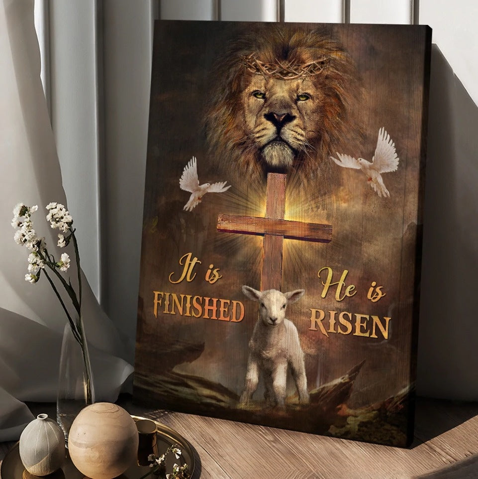 Lion Dove And Lamb Wooden Cross He Is Risen Canvas Wall Art – Christian Wall Posters – Religious Wall Decor