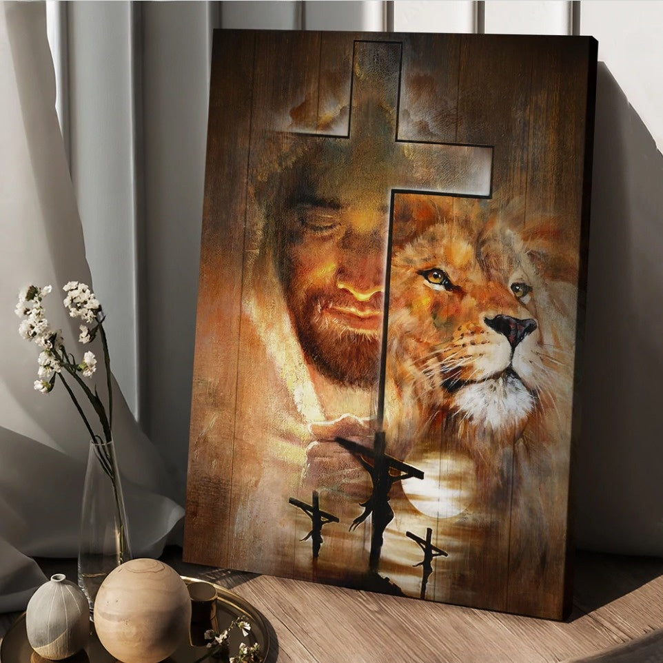 Lion Drawing Jesus Amazing Sunset Big Cross Canvas Wall Art – Christian Wall Posters – Religious Wall Decor