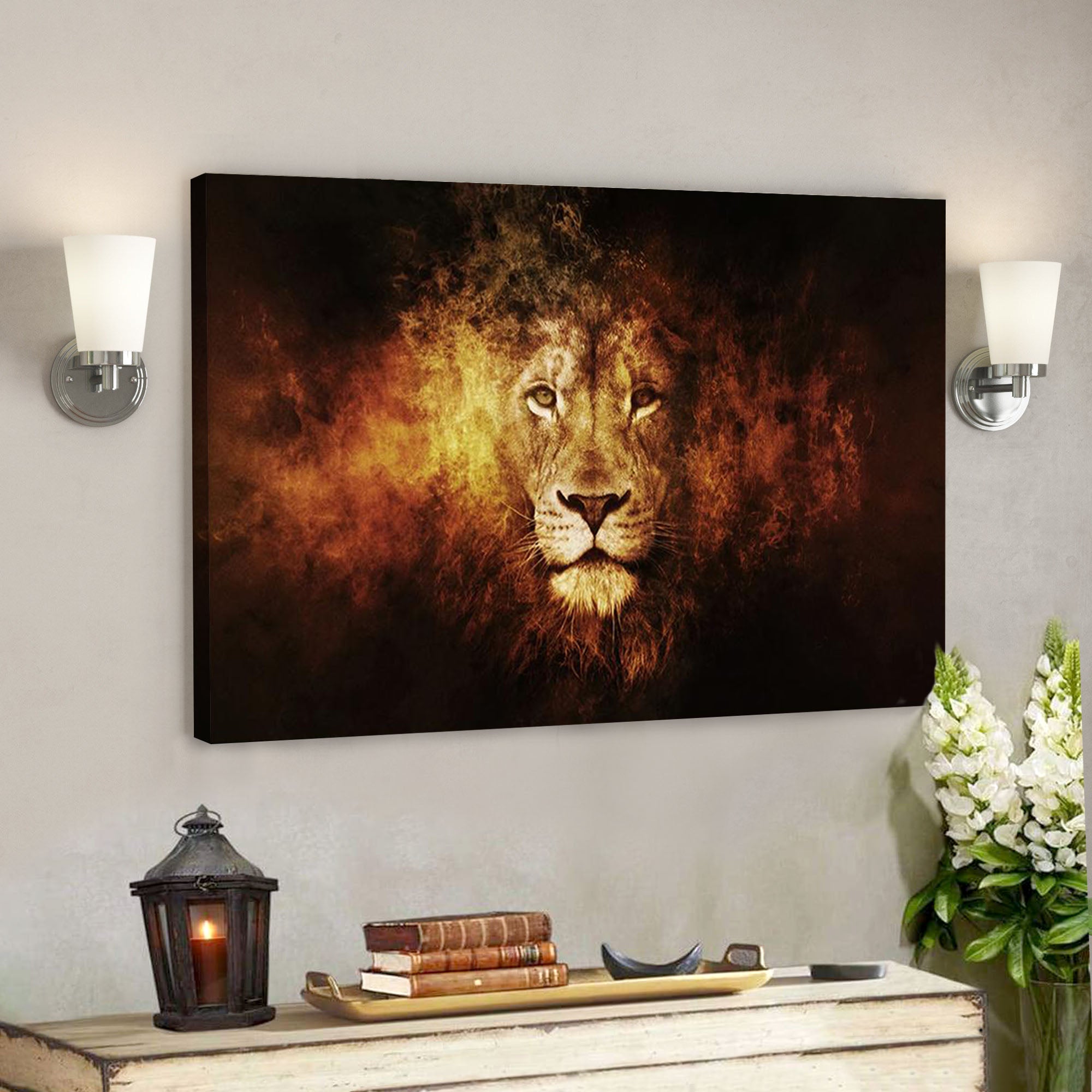 Lion Face Fire Canvas – Bible Verse Canvas – Scripture Canvas Wall Art