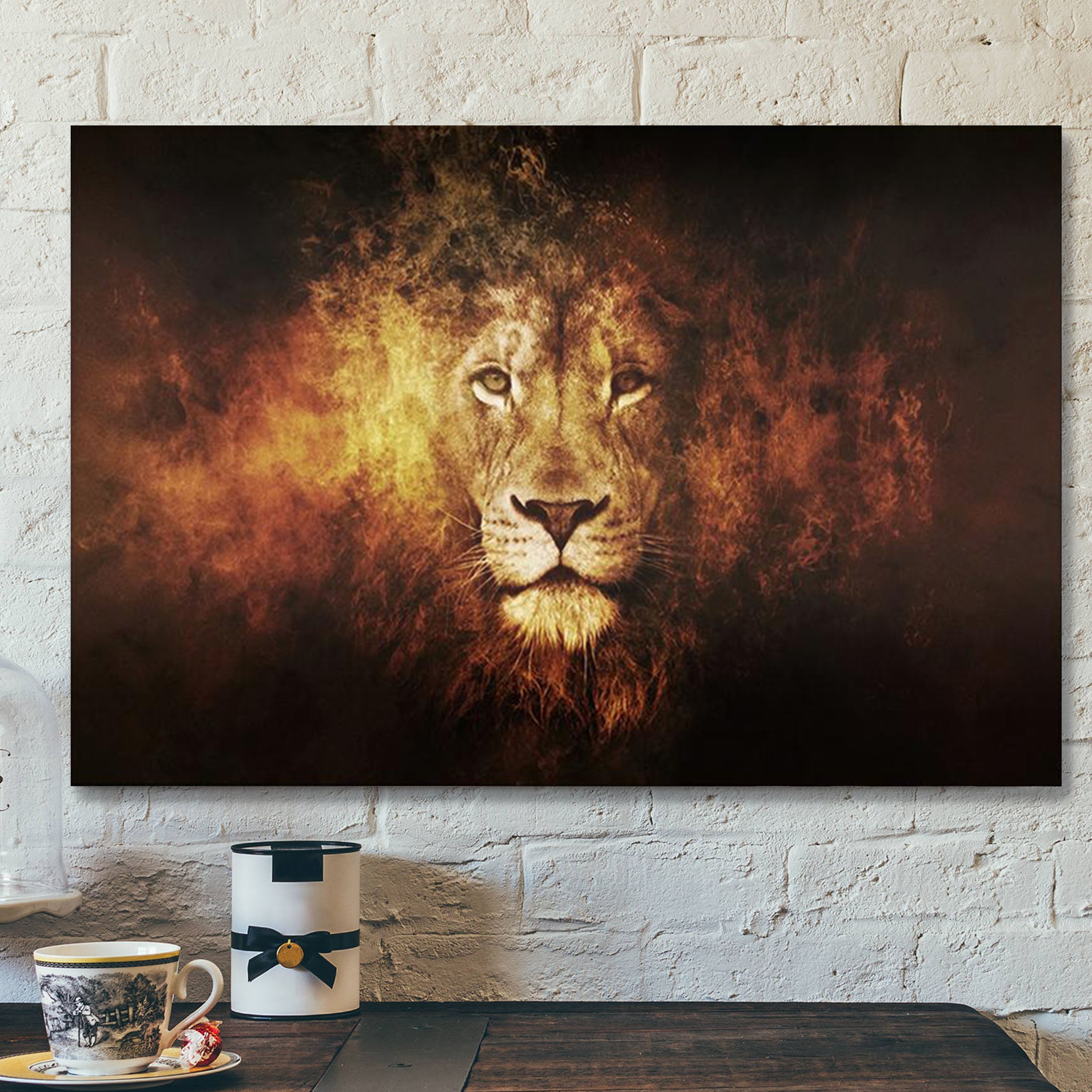 Lion Face Fire Canvas – Bible Verse Canvas – Scripture Canvas Wall Art