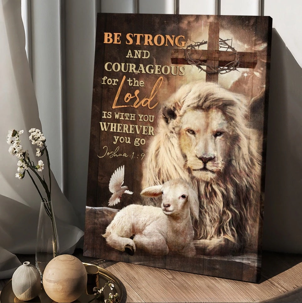 Lion Lamb Cross Drawing – Be Strong And Courageous Canvas Wall Art – Christian Wall Posters – Religious Wall Decor