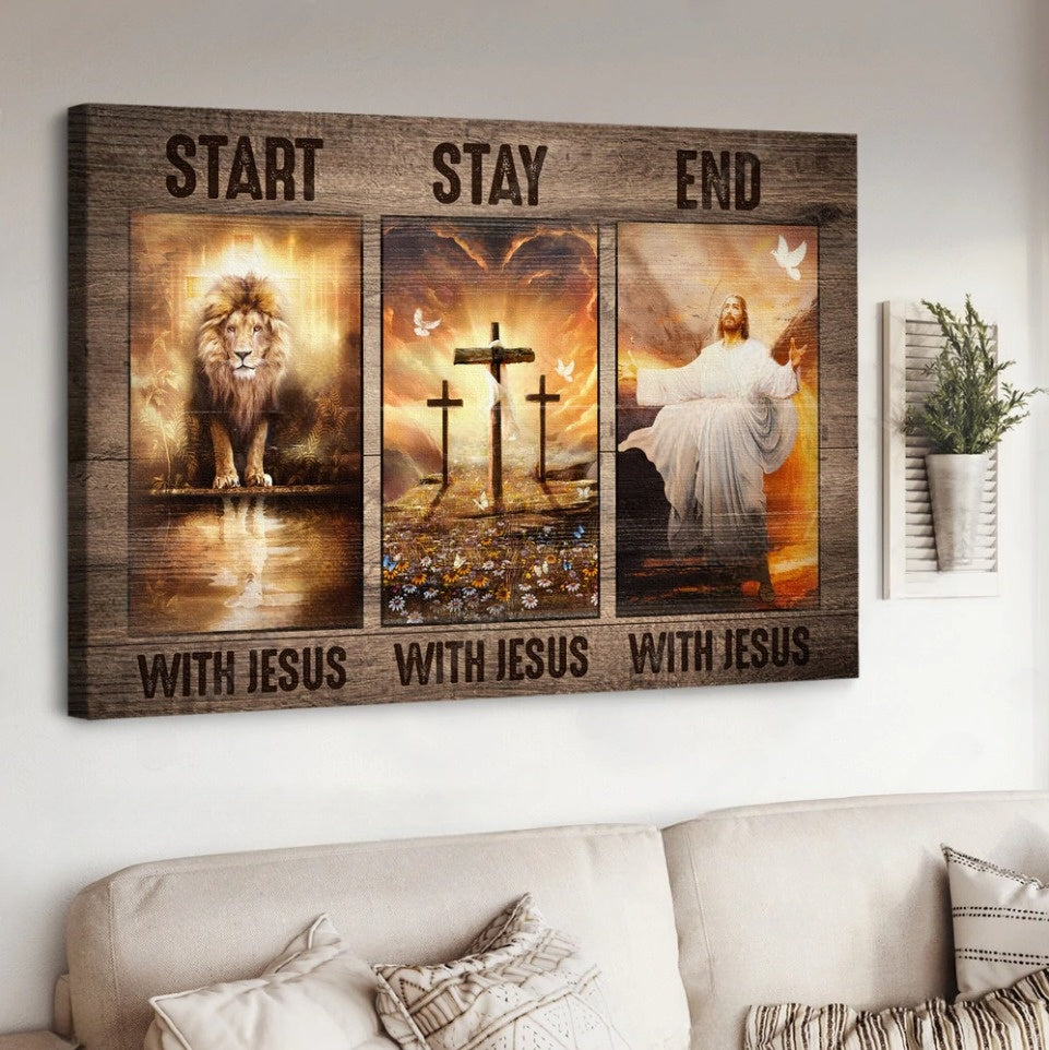 Lion Of Jesus Wooden Cross Start Stay End With Jesus Canvas Wall Art – Jesus Canvas Pictures – Christian Wall Posters