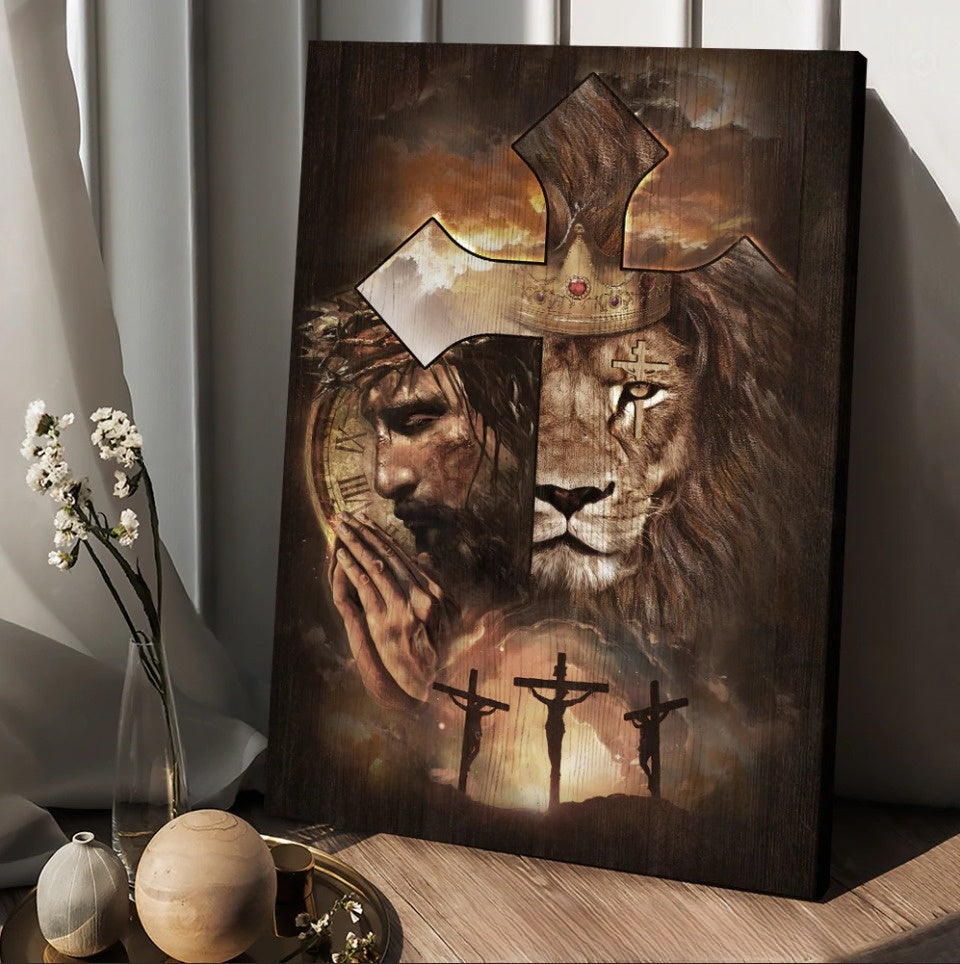 Lion Of Judah Face Of Jesus Golden Crown Cross Canvas Wall Art – Christian Wall Posters – Religious Wall Decor