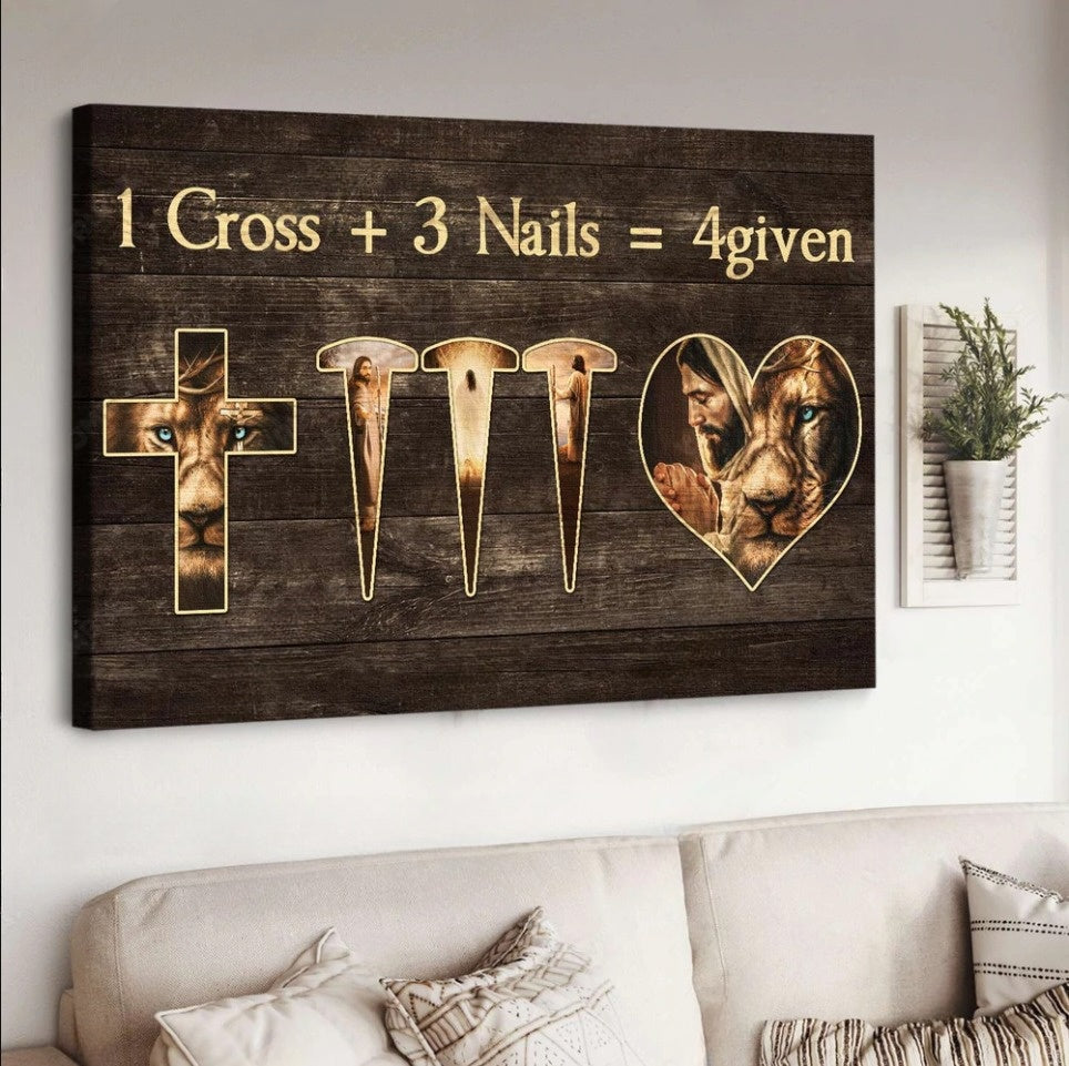 Lion Of Judah Jesus Painting 1 Cross 3 Nails 4given Canvas Wall Art – Jesus Canvas Pictures – Christian Wall Posters