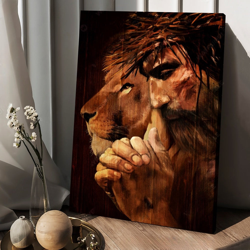 Lion Of Judah Jesus Painting Praying With God Canvas Wall Art – Christian Wall Posters – Religious Wall Decor