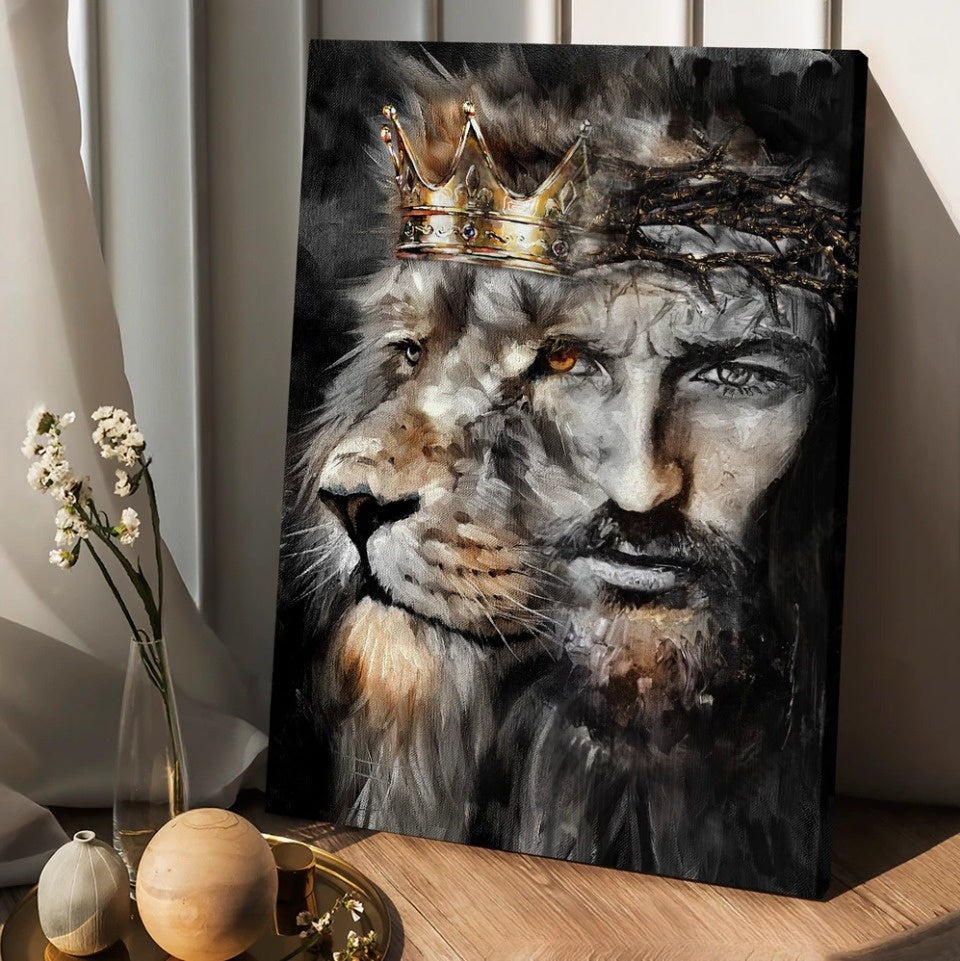 Lion Of Judah Jesus Painting – Unique Crown Canvas Wall Art – Christian Wall Posters – Religious Wall Decor