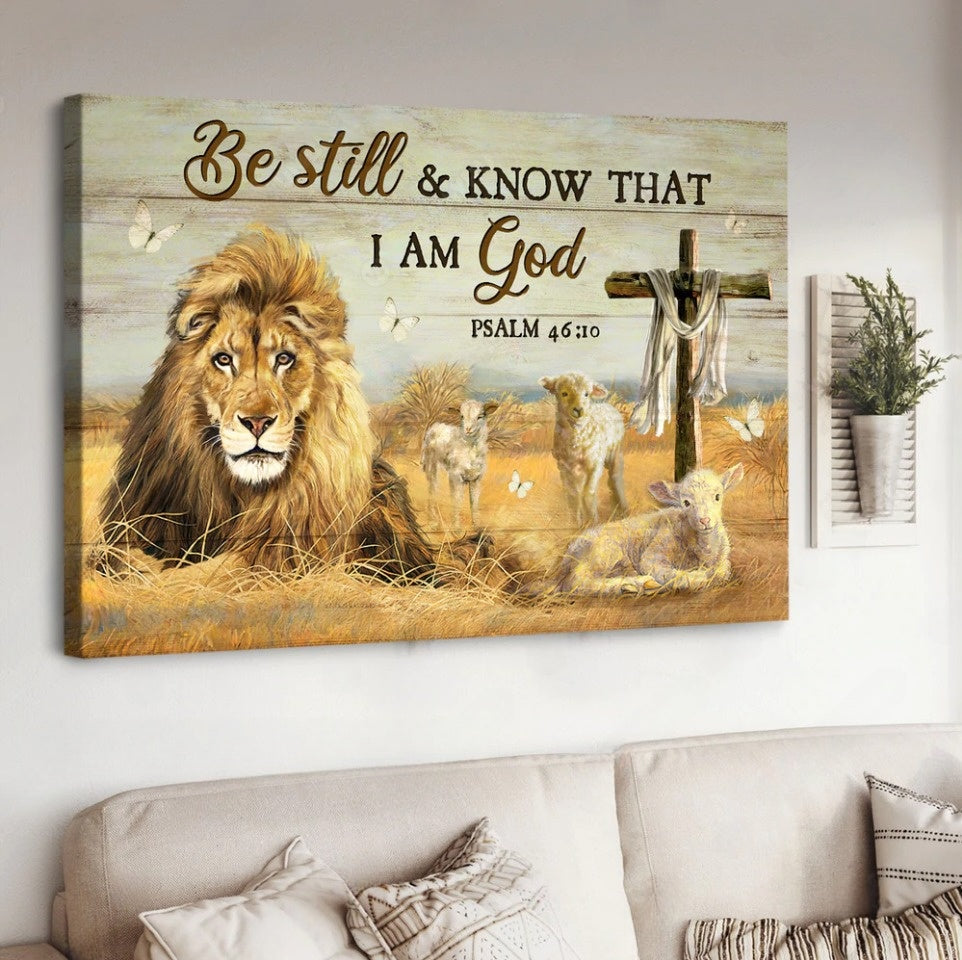 Lion Of Judah Lamb Wooden Cross Be Still And Know That I Am God Canvas Wall Art – Christian Poster – Religious Wall Decor