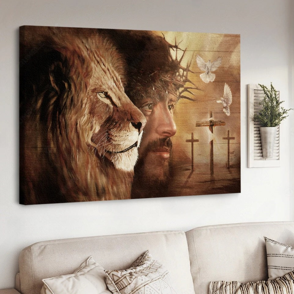 Lion Of Judah The Face Of Jesus Dove Cross Canvas Wall Art – Jesus Canvas Pictures – Christian Wall Posters