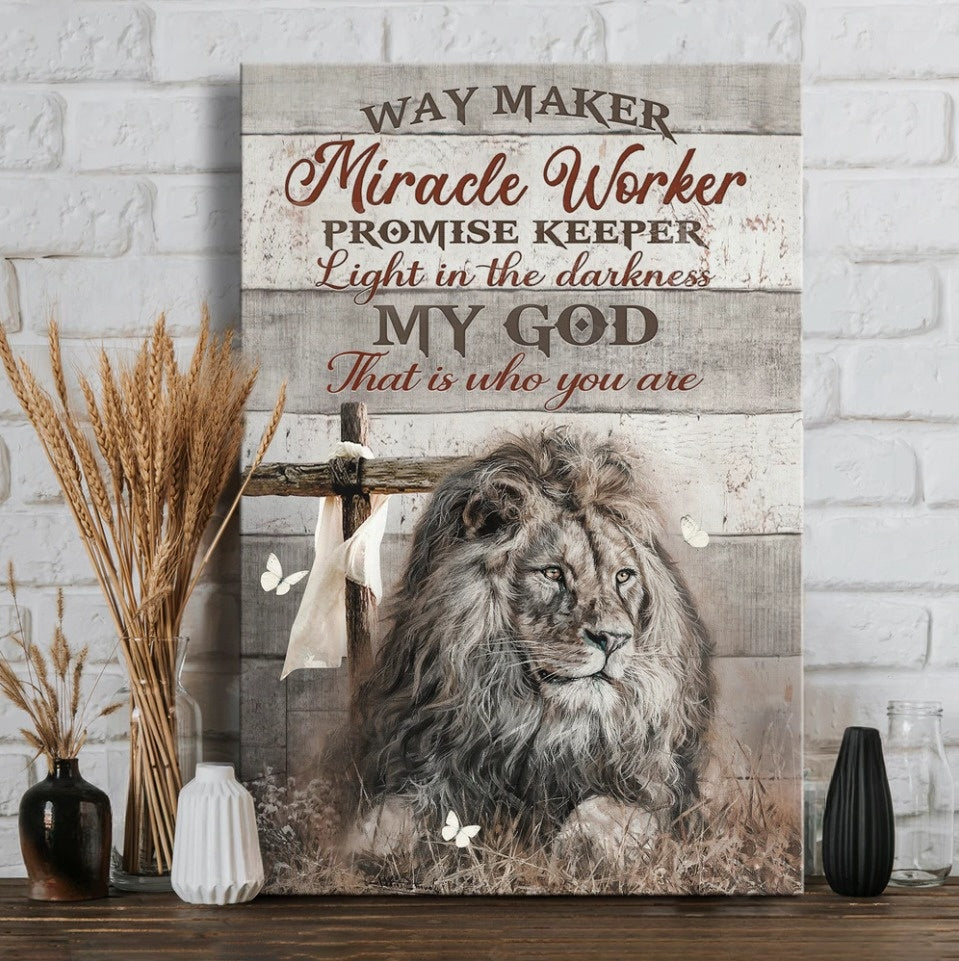 Lion Of Judah Wooden Cross Way Maker Miracle Worker Canvas Wall Art – Christian Wall Posters – Religious Wall Decor