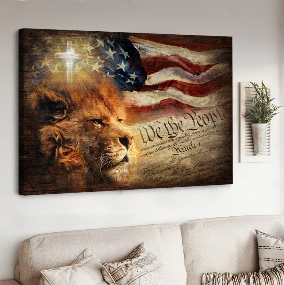 Lion Painting Watercolor American Flag Cross Independence Day Canvas Wall Art – Christian Poster – Religious Wall Decor