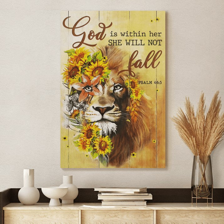 Lion With Sunflower God Is Within Her She Will Not Fall Canvas Wall Art – Christian Wall Posters – Religious Wall Decor