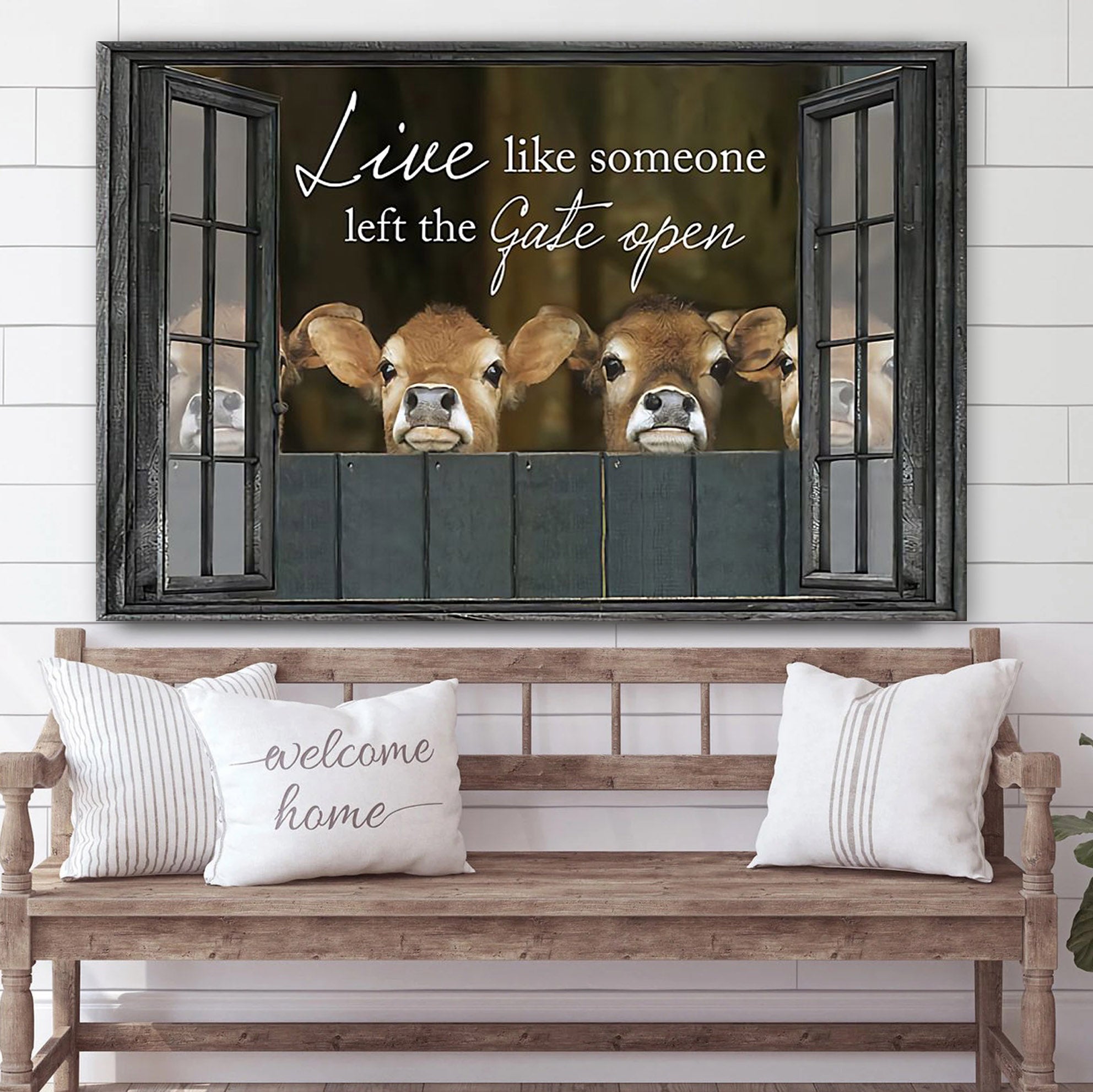 Live Like Someone Left The Gate Open Cow Canvas Wall Art – Christian Canvas Wall Decor – Bible Verse Wall Art Canvas – Farmer Gift