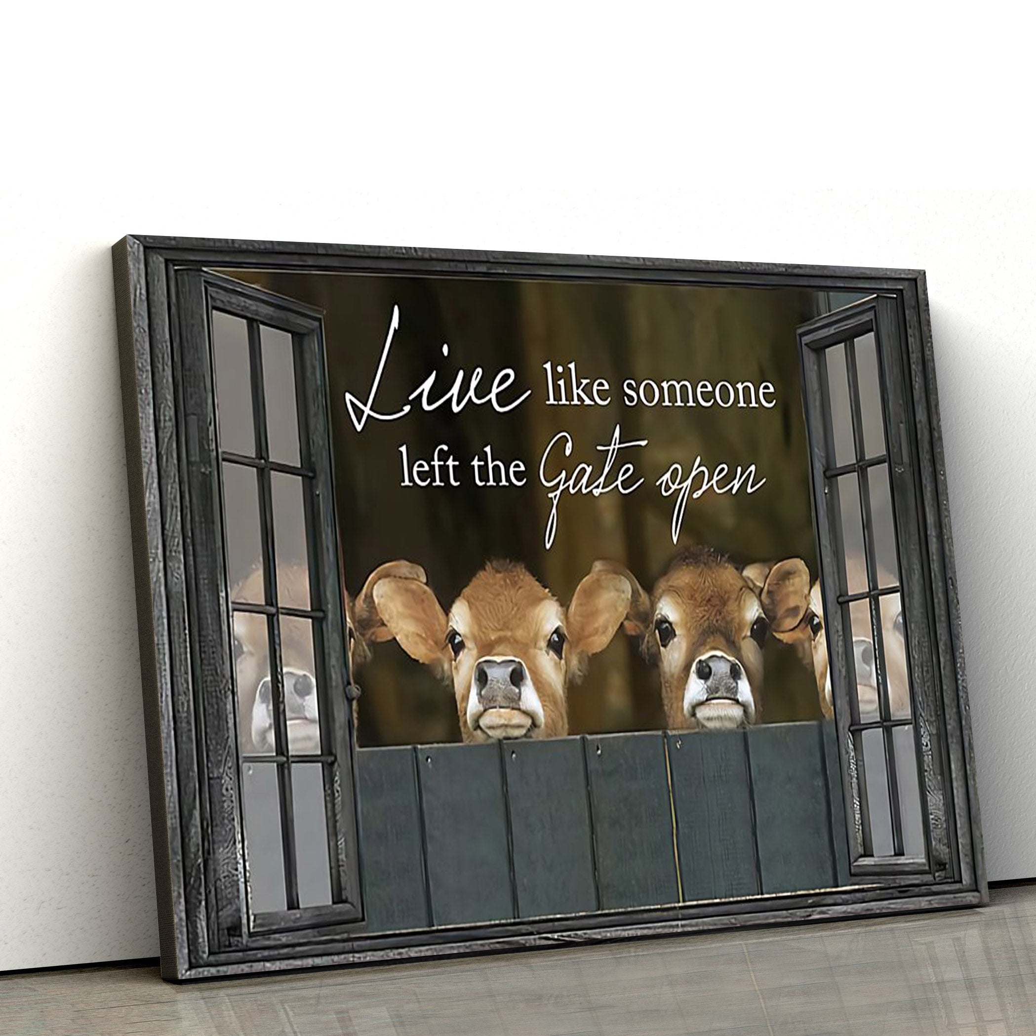 Live Like Someone Left The Gate Open Cow Canvas Wall Art – Christian Canvas Wall Decor – Bible Verse Wall Art Canvas – Farmer Gift