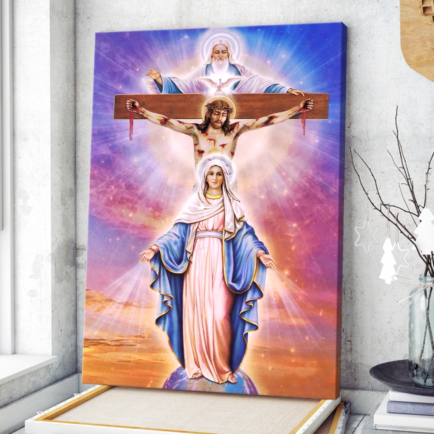 Maria And Jesus On The Cross Canvas Wall Art – Christian Wall Posters – Religious Wall Decor