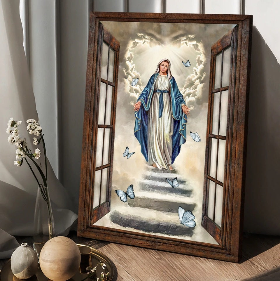 Maria Painting Vintage Window The Way To Heaven Canvas Wall Art – Christian Wall Posters – Religious Wall Decor